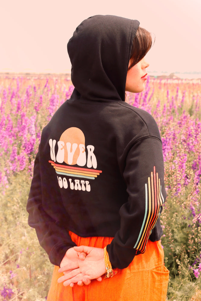 
            
                Load image into Gallery viewer, Never Too Late - Black Crop Hoodie
            
        